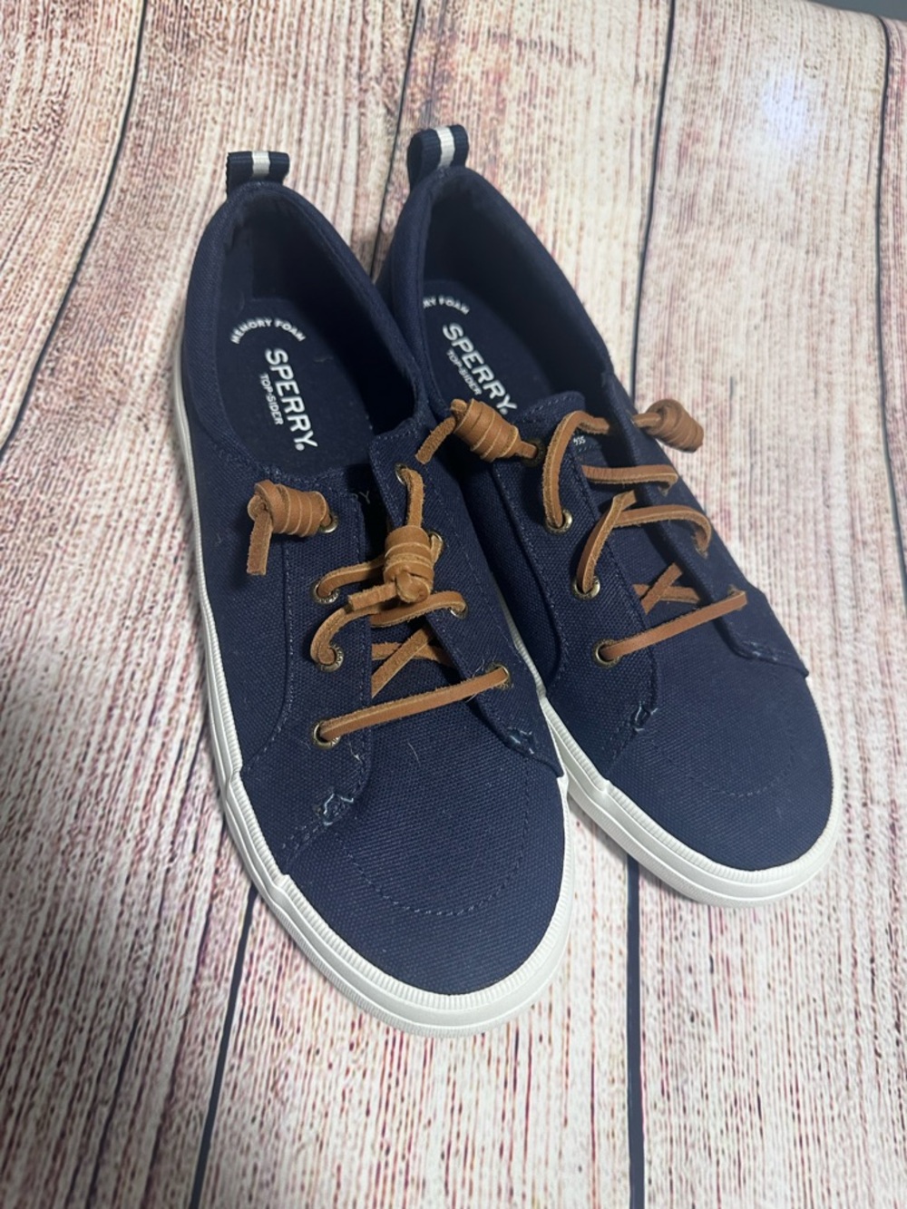 Sperry Navy Canvas Slip-Ons with Brown Laces